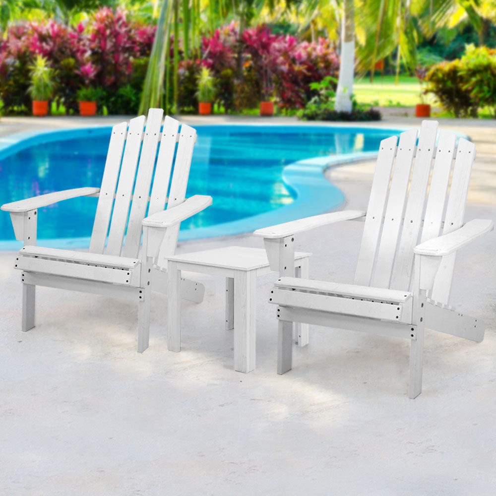 Gardeon 3PC Adirondack Outdoor Table and Chairs Wooden Beach Chair White 8
