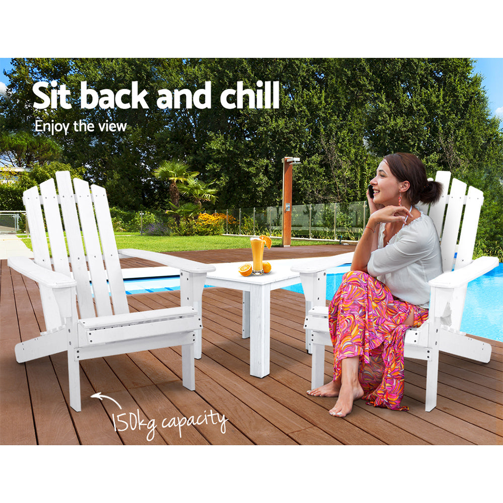 Gardeon 3PC Adirondack Outdoor Table and Chairs Wooden Beach Chair White 9