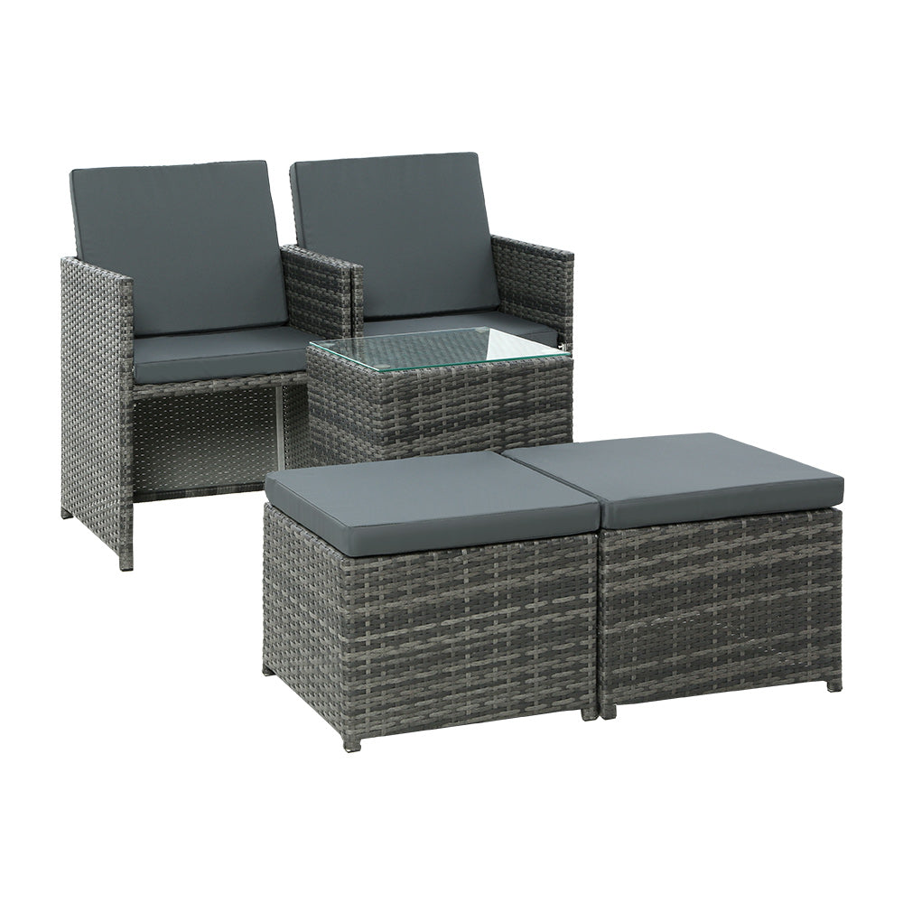Gardeon 5PC Bistro Set Wicker Table and Chairs Ottoman Outdoor Furniture Grey 3