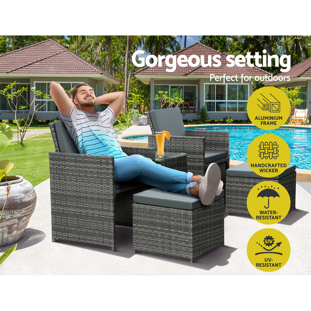 Gardeon 5PC Bistro Set Wicker Table and Chairs Ottoman Outdoor Furniture Grey 4