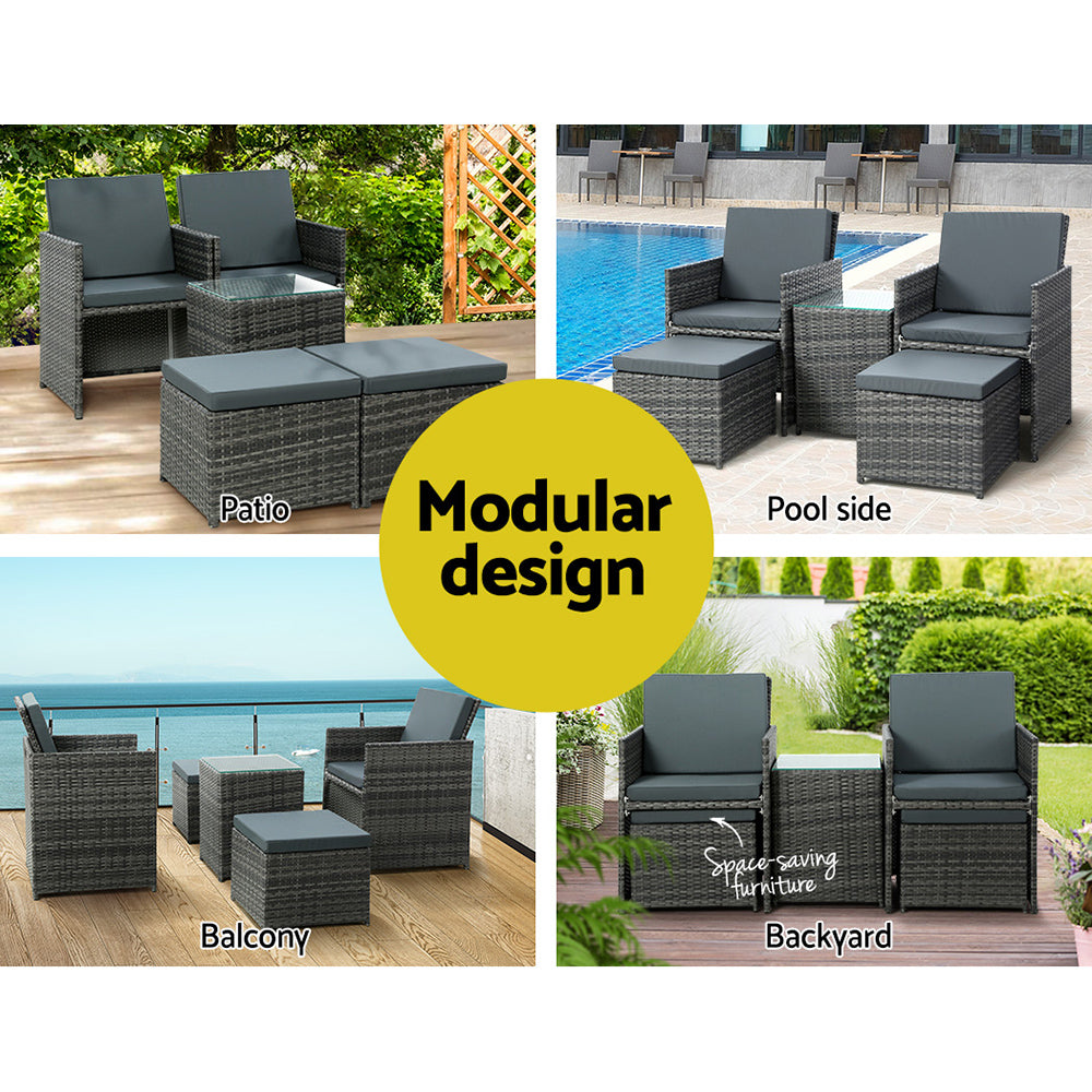 Gardeon 5PC Bistro Set Wicker Table and Chairs Ottoman Outdoor Furniture Grey 6