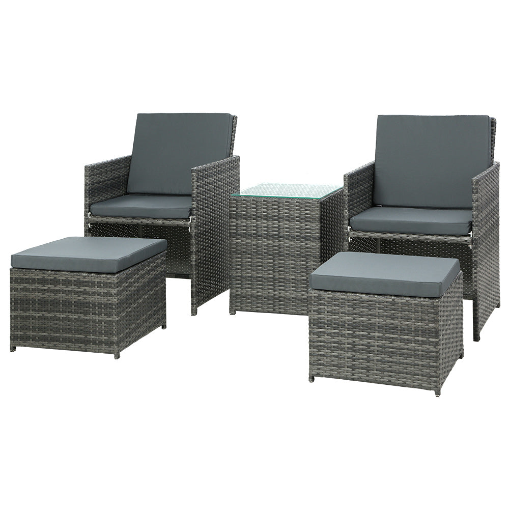 Gardeon 5PC Bistro Set Wicker Table and Chairs Ottoman Outdoor Furniture Grey 7
