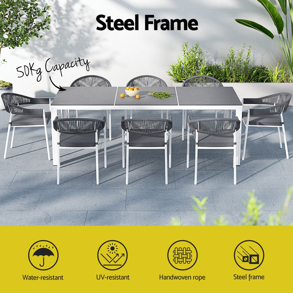 Gardeon Outdoor Dining Set 9 Piece Steel Table Chairs Setting White 4