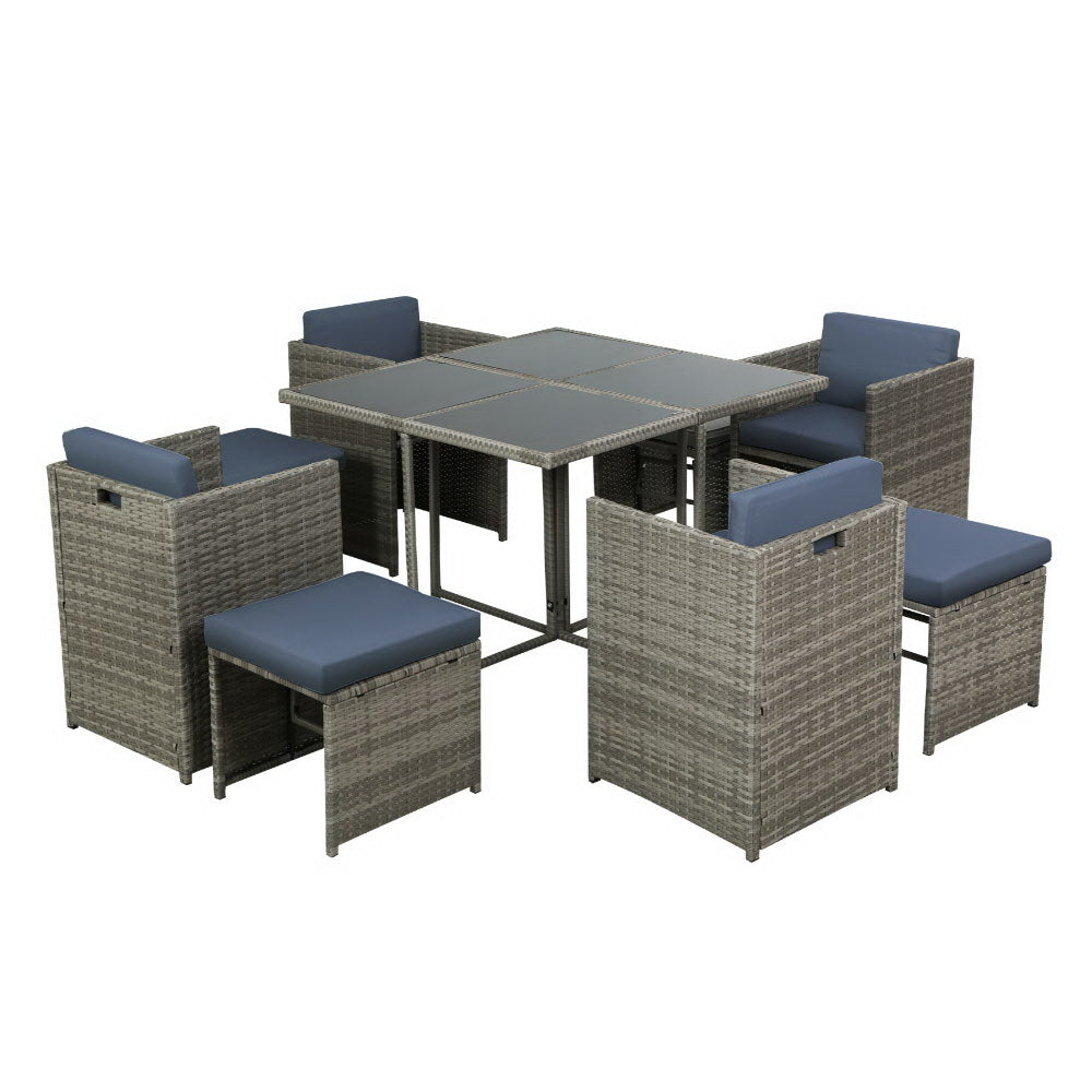 Gardeon Outdoor Dining Set 9 Piece Wicker Table Chairs Setting Grey 3