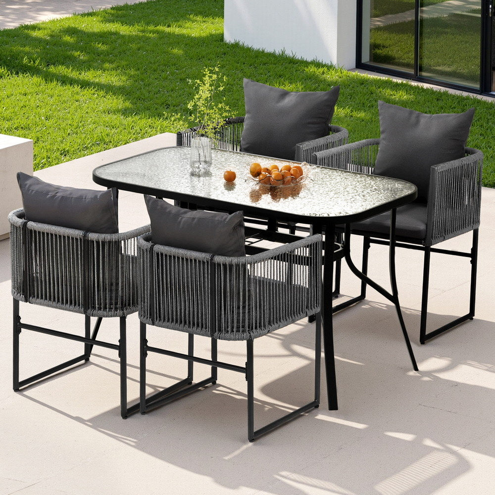 Gardeon 5PCS Outdoor Dining Set Table and Chairs Rope Patio Furniture Garden Black 7
