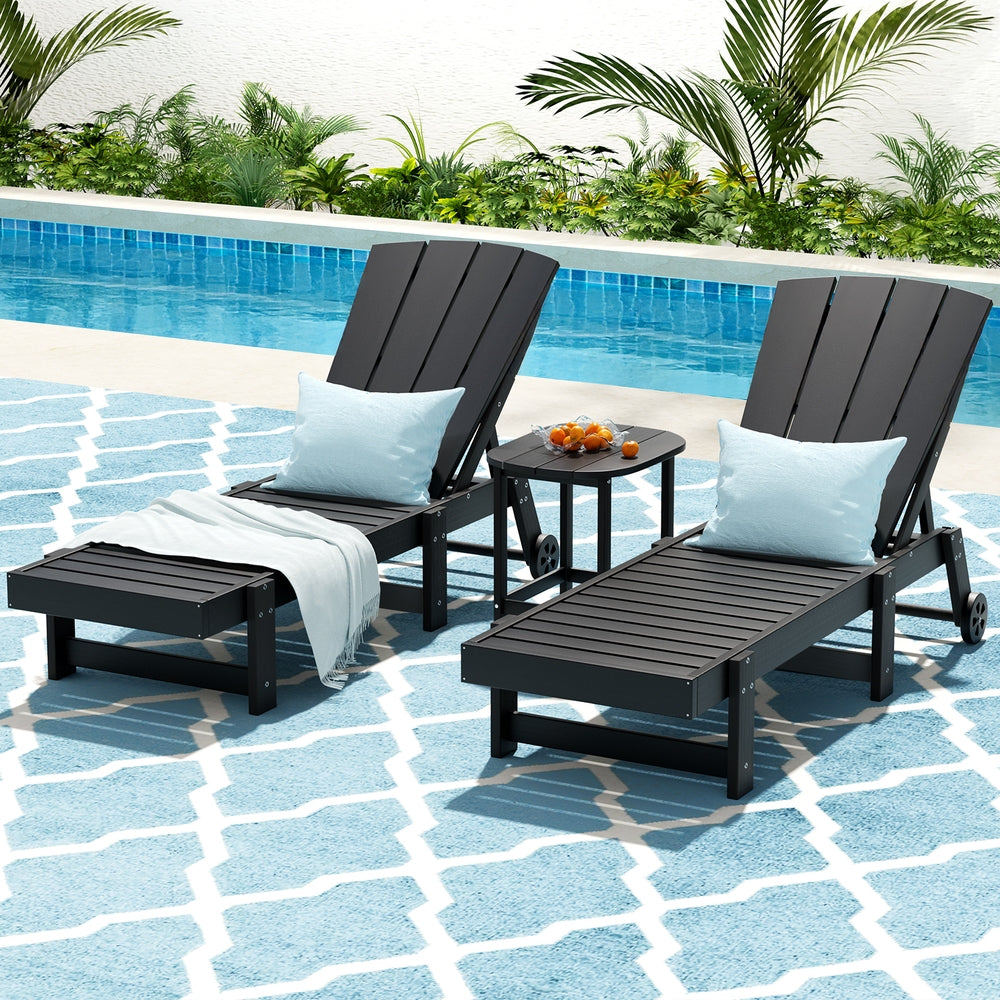 Gardeon Sun Lounge Lounger Table and Chairs Beach Chair HDPE Patio Outdoor Furniture Wheels Black 7