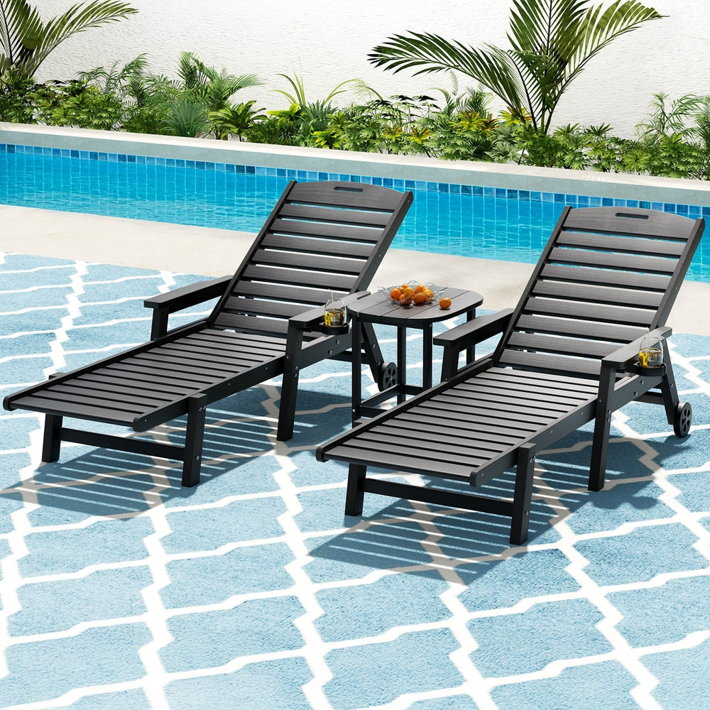 Gardeon Sun Lounge Lounger Beach Chair HDPE Patio Outdoor Furniture with Wheels Black 7