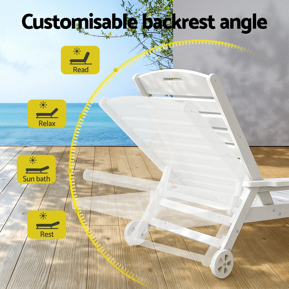 Gardeon Sun Lounge Lounger Beach Chair HDPE Patio Outdoor Furniture with Wheels White 5