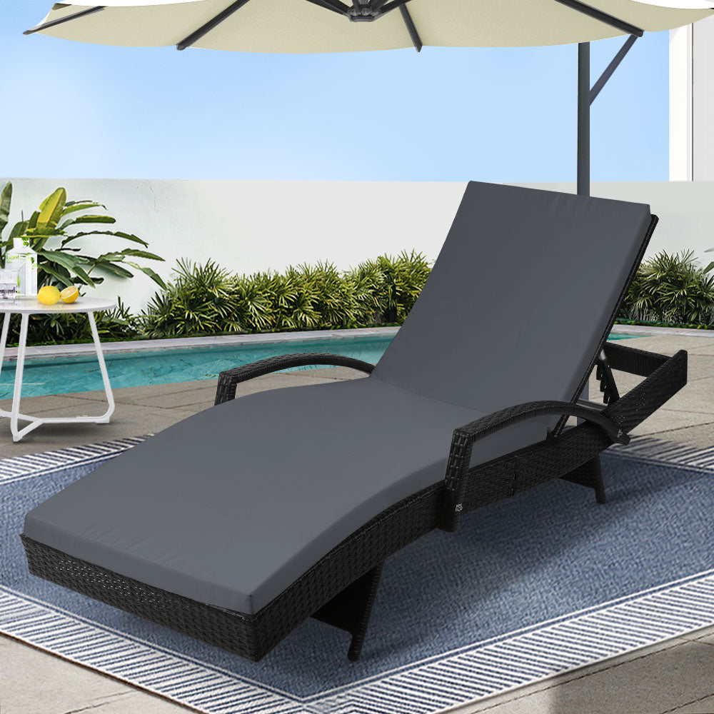 Gardeon Sun Lounge Wicker Lounger Outdoor Furniture Beach Chair Patio Adjustable Cushion Black 1