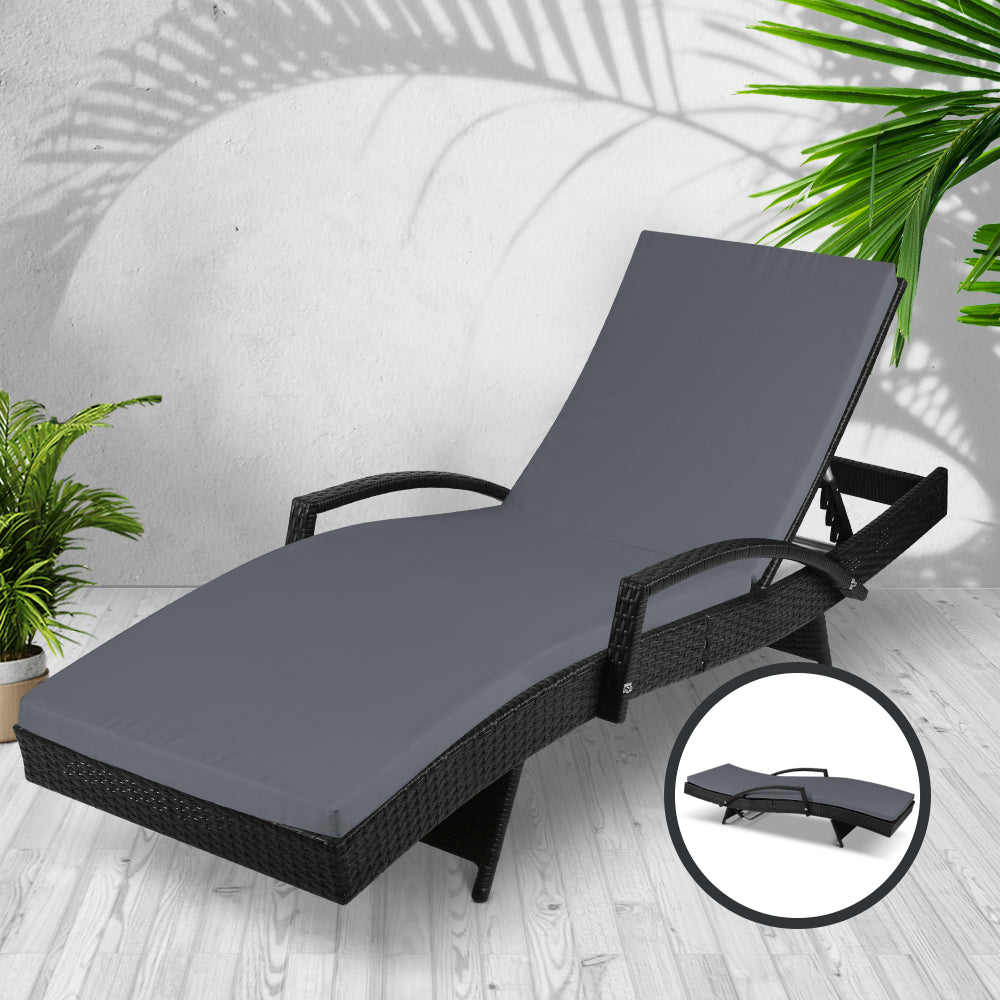 Gardeon Sun Lounge Wicker Lounger Outdoor Furniture Beach Chair Patio Adjustable Cushion Black 7