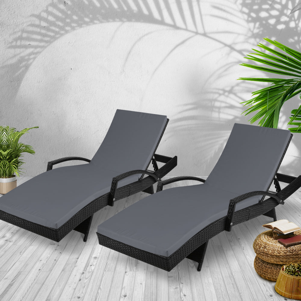 Gardeon 2PC Sun Lounge Wicker Lounger Outdoor Furniture Beach Chair Patio Adjustable Cushion Black 7