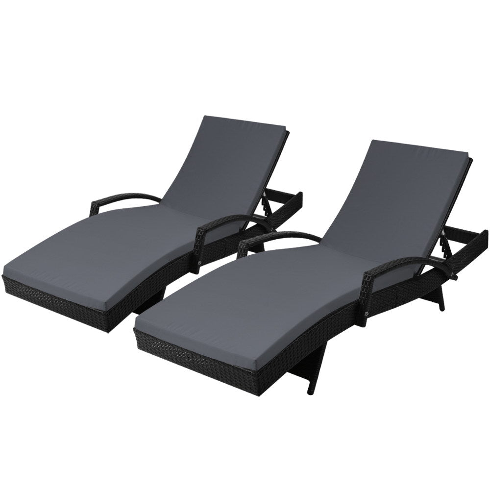 Gardeon 2PC Sun Lounge Wicker Lounger Outdoor Furniture Beach Chair Patio Adjustable Cushion Black 8