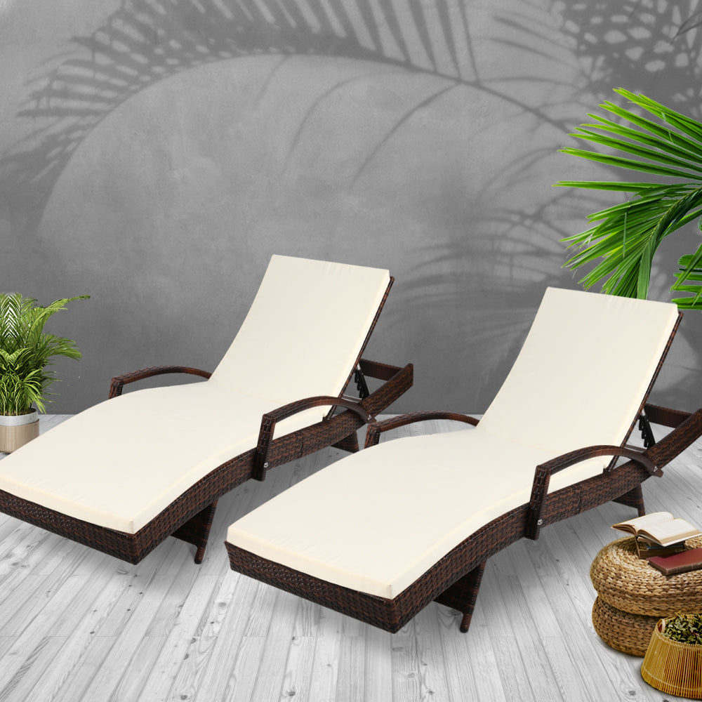 Gardeon 2PC Sun Lounge Wicker Lounger Outdoor Furniture Beach Chair Patio Adjustable Cushion Brown 7