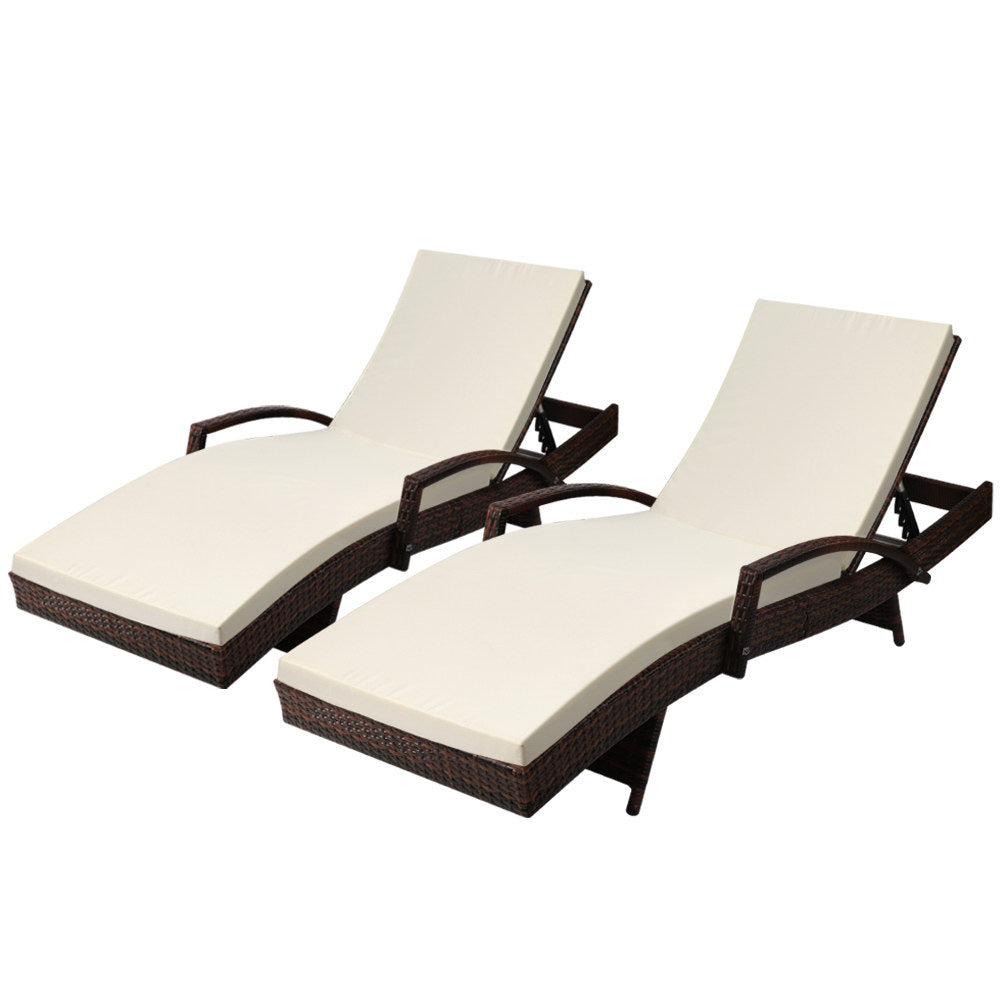 Gardeon 2PC Sun Lounge Wicker Lounger Outdoor Furniture Beach Chair Patio Adjustable Cushion Brown 8