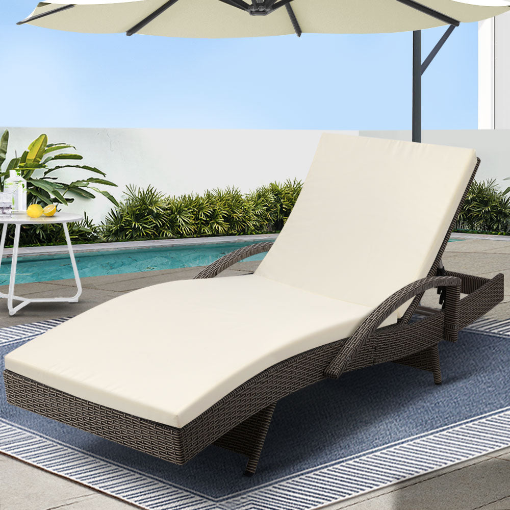 Gardeon Sun Lounge Wicker Lounger Outdoor Furniture Beach Chair Patio Adjustable Cushion Grey&Beige 1