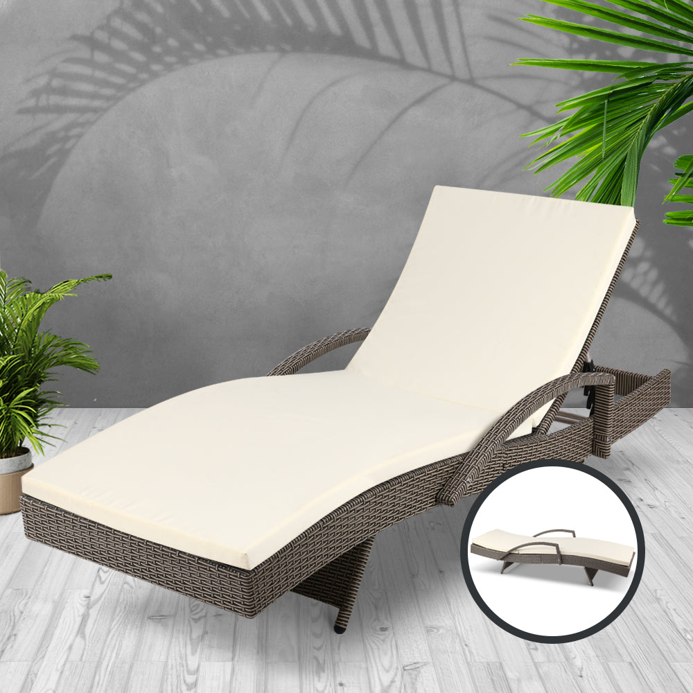 Gardeon Sun Lounge Wicker Lounger Outdoor Furniture Beach Chair Patio Adjustable Cushion Grey&Beige 7