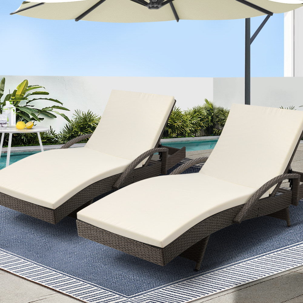 Gardeon 2PC Sun Lounge Wicker Lounger Outdoor Furniture Beach Chair Adjustable Cushion Grey&Beige 1