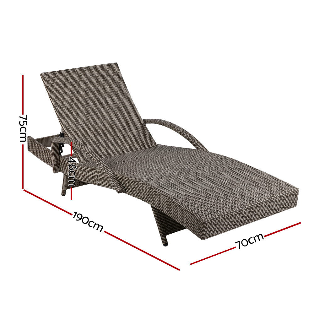 Gardeon 2PC Sun Lounge Wicker Lounger Outdoor Furniture Beach Chair Adjustable Cushion Grey&Beige 2
