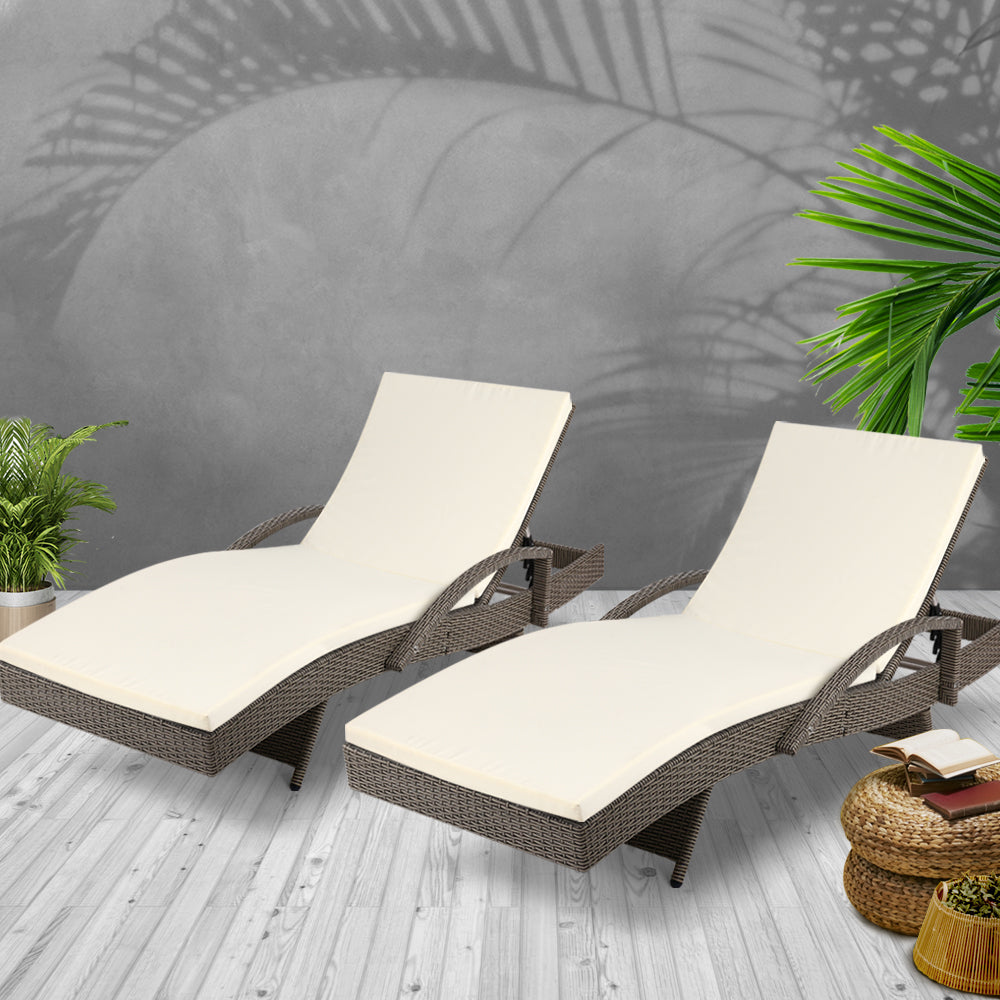 Gardeon 2PC Sun Lounge Wicker Lounger Outdoor Furniture Beach Chair Adjustable Cushion Grey&Beige 7