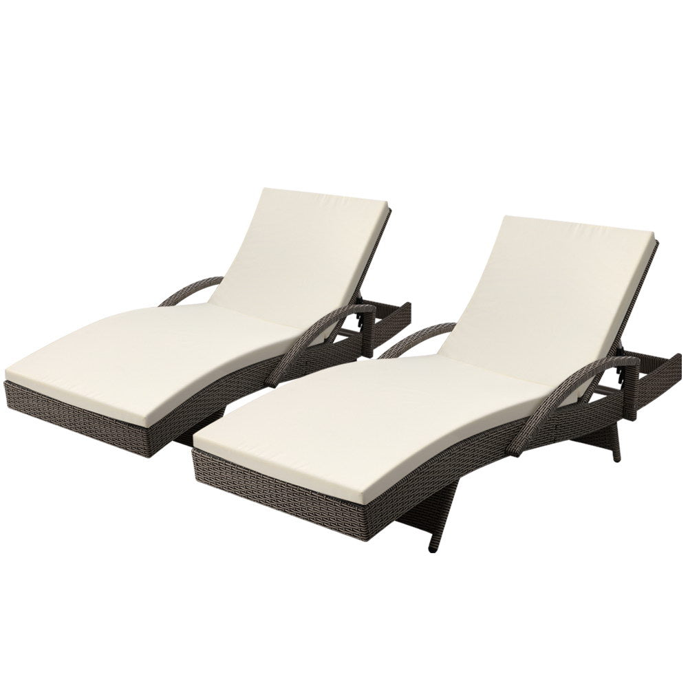 Gardeon 2PC Sun Lounge Wicker Lounger Outdoor Furniture Beach Chair Adjustable Cushion Grey&Beige 8