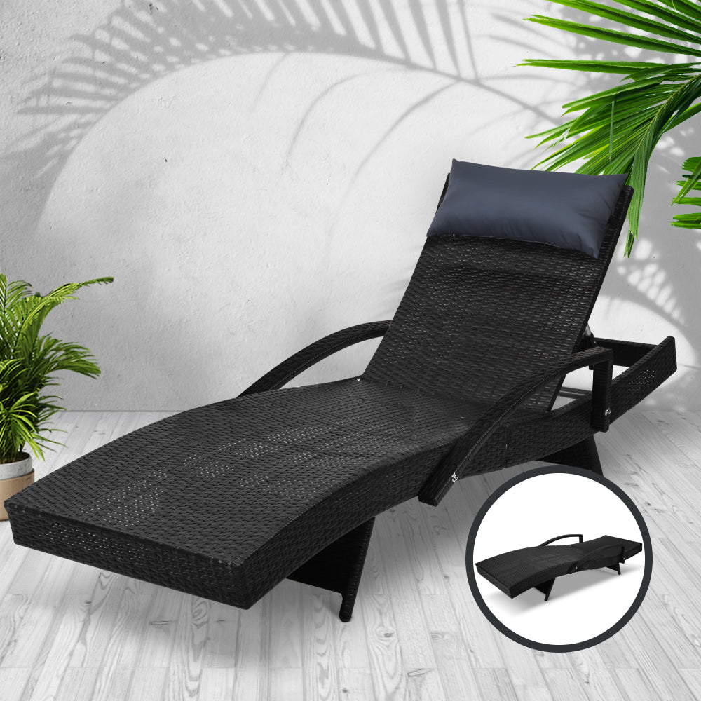Gardeon Sun Lounge Wicker Lounger Outdoor Furniture Beach Chair Armrest Adjustable Black 7