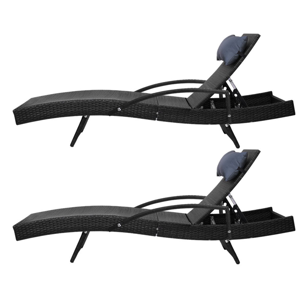 Gardeon 2x Sun Lounge Wicker Lounger Outdoor Furniture Beach Chair Armrest Adjustable Black 3