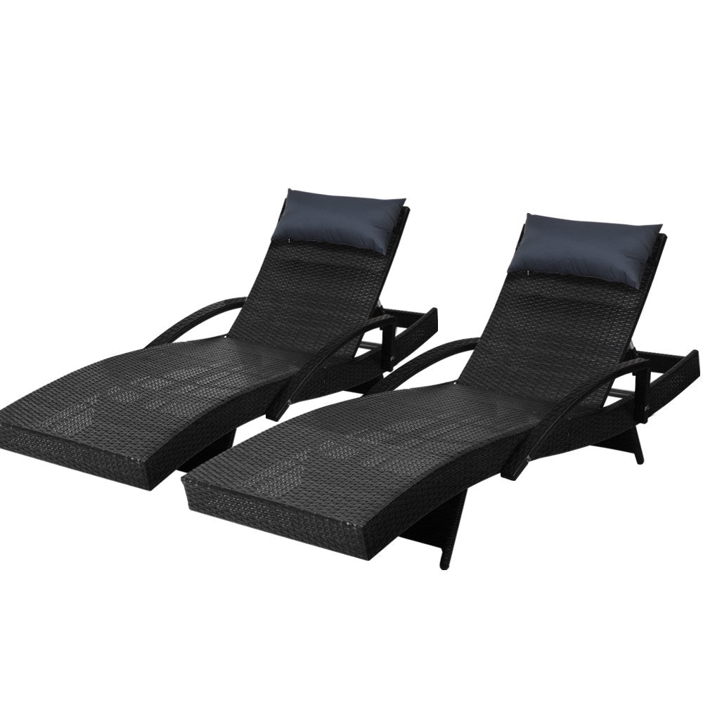 Gardeon 2x Sun Lounge Wicker Lounger Outdoor Furniture Beach Chair Armrest Adjustable Black 8