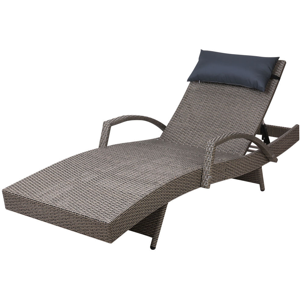 Gardeon Sun Lounge Wicker Lounger Outdoor Furniture Beach Armchair Adjustable Grey&Beige 8