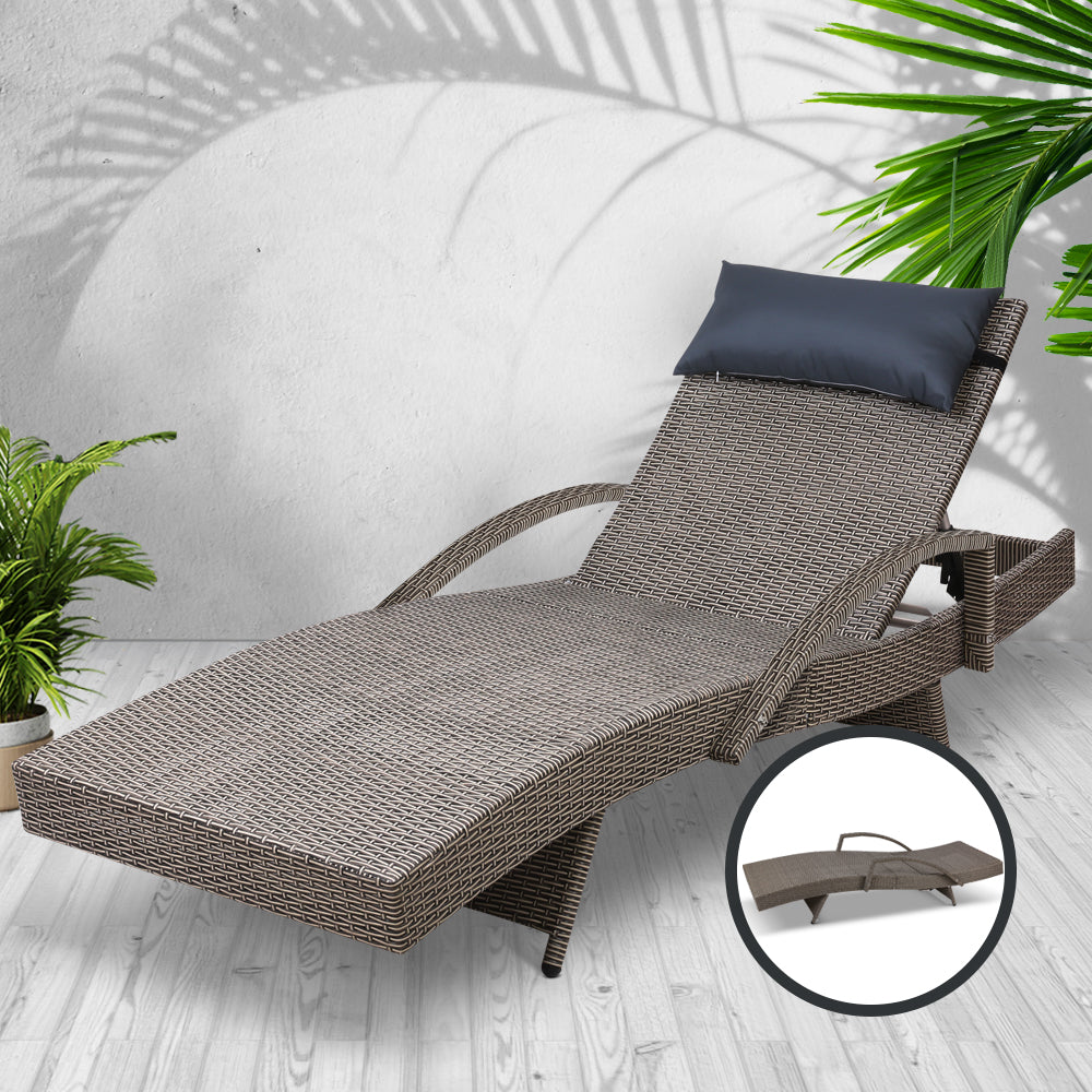 Gardeon Sun Lounge Wicker Lounger Outdoor Furniture Beach Armchair Adjustable Grey&Beige 7