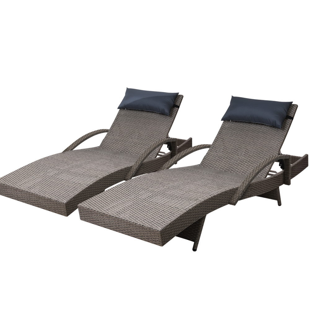 Gardeon 2x Sun Lounge Wicker Lounger Outdoor Furniture Beach Armchair Adjustable Grey&Beige 8