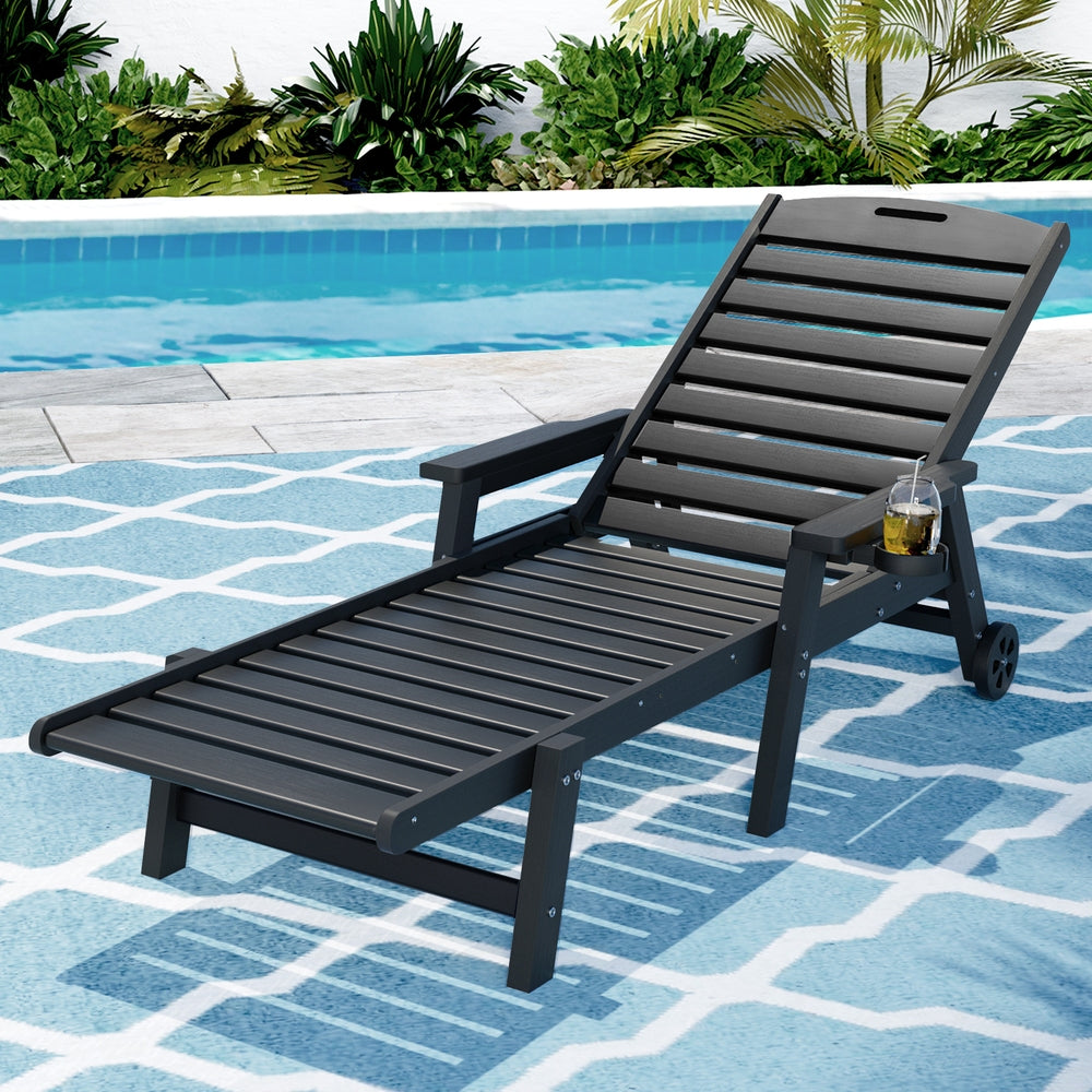 Gardeon Sun Lounge Lounger Beach Chair HDPE Patio Outdoor Furniture with Wheels Black 7
