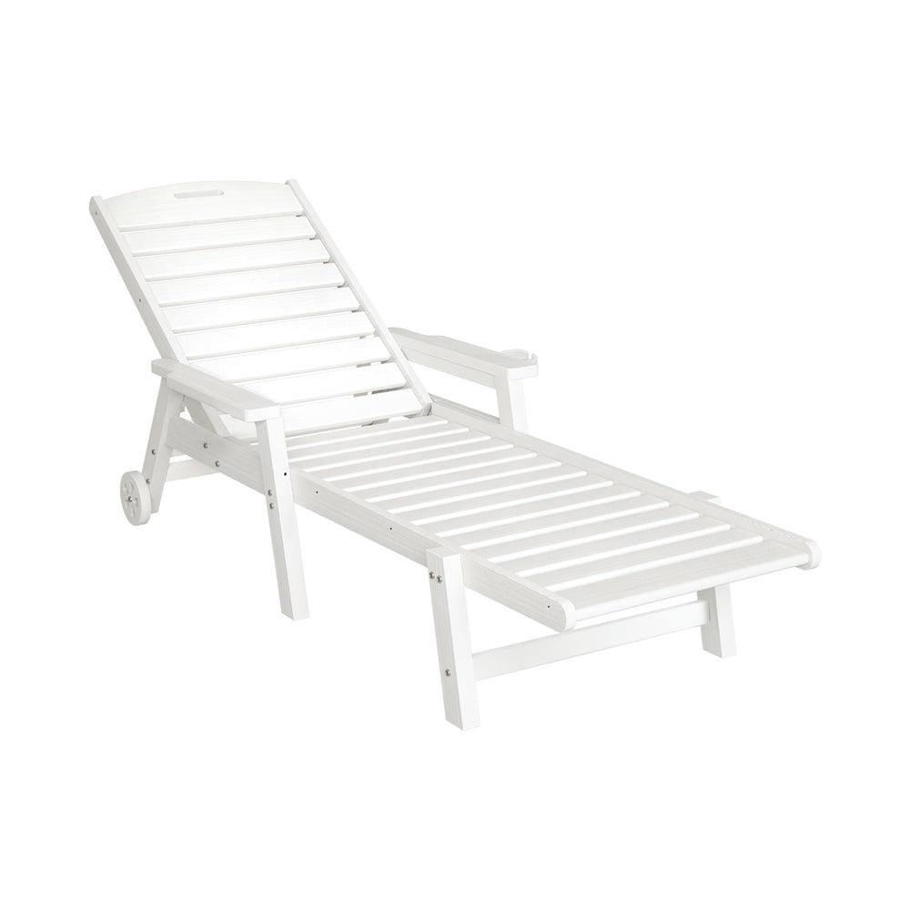 Gardeon Sun Lounge Lounger Beach Chair HDPE Patio Outdoor Furniture with Wheels White 3