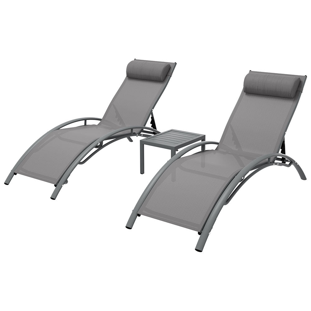 Gardeon 3PC Sun Lounge Outdoor Lounger Steel Table Chairs Patio Furniture Grey 7
