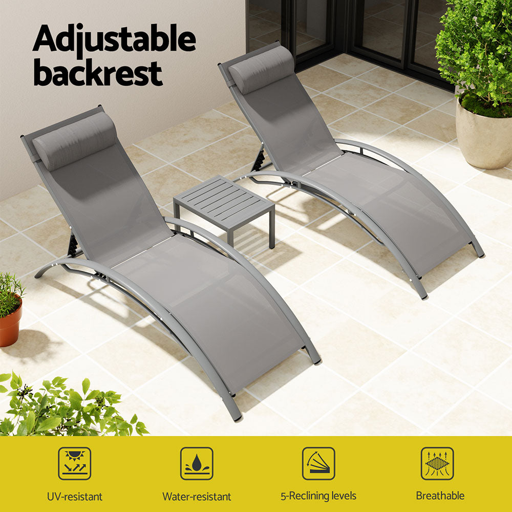 Gardeon 3PC Sun Lounge Outdoor Lounger Steel Table Chairs Patio Furniture Grey 4