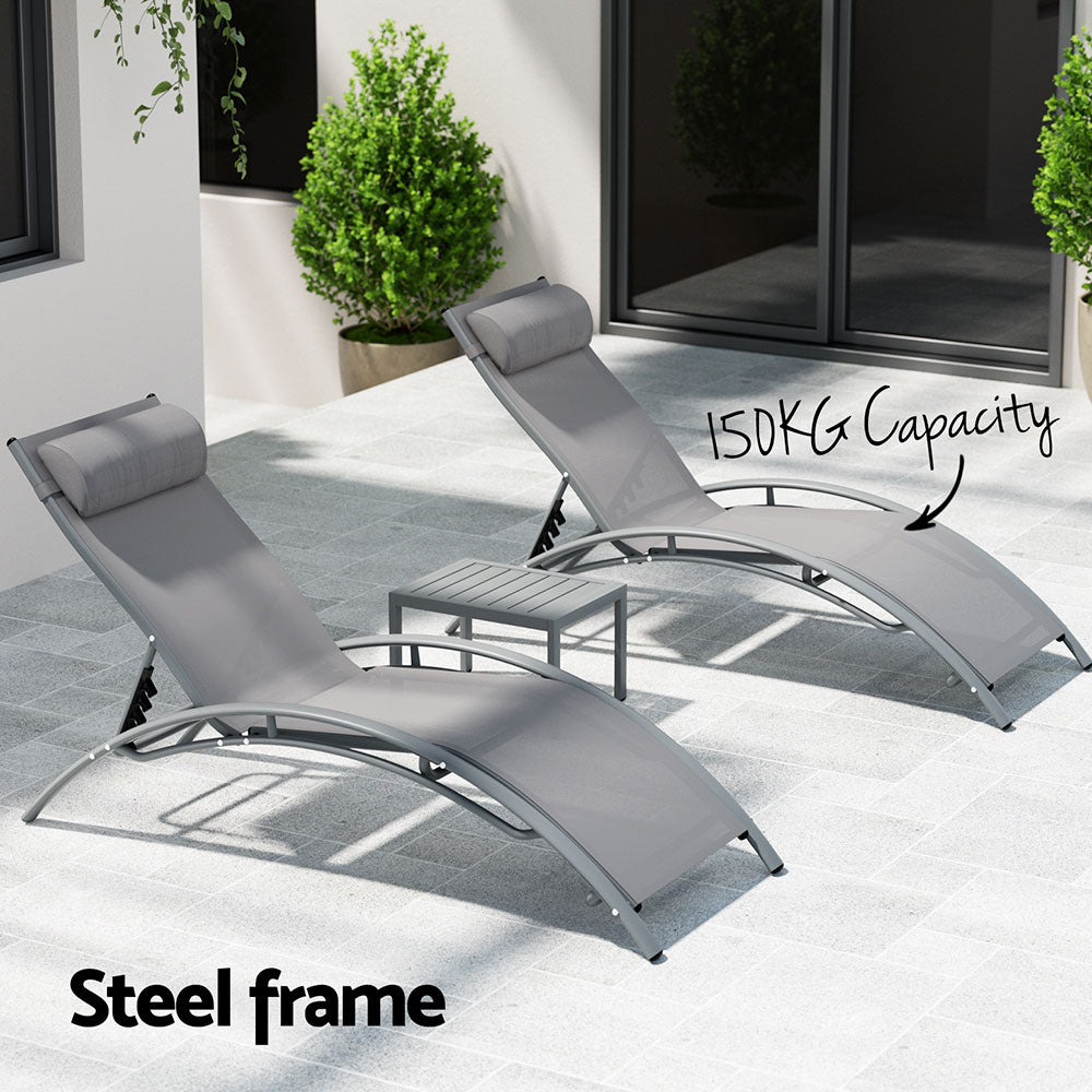 Gardeon 3PC Sun Lounge Outdoor Lounger Steel Table Chairs Patio Furniture Grey 5