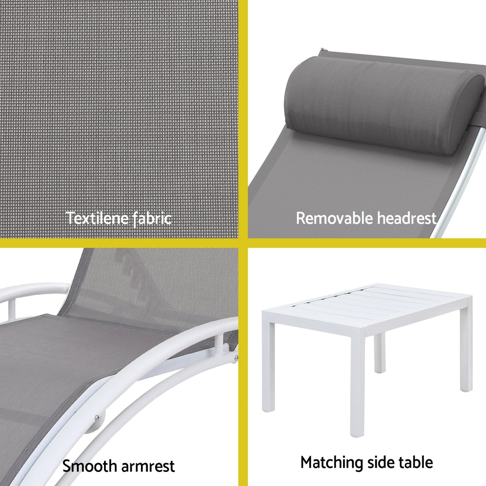 Gardeon 3PC Sun Lounge Outdoor Lounger Table Chairs Steel Patio Furniture Garden 6