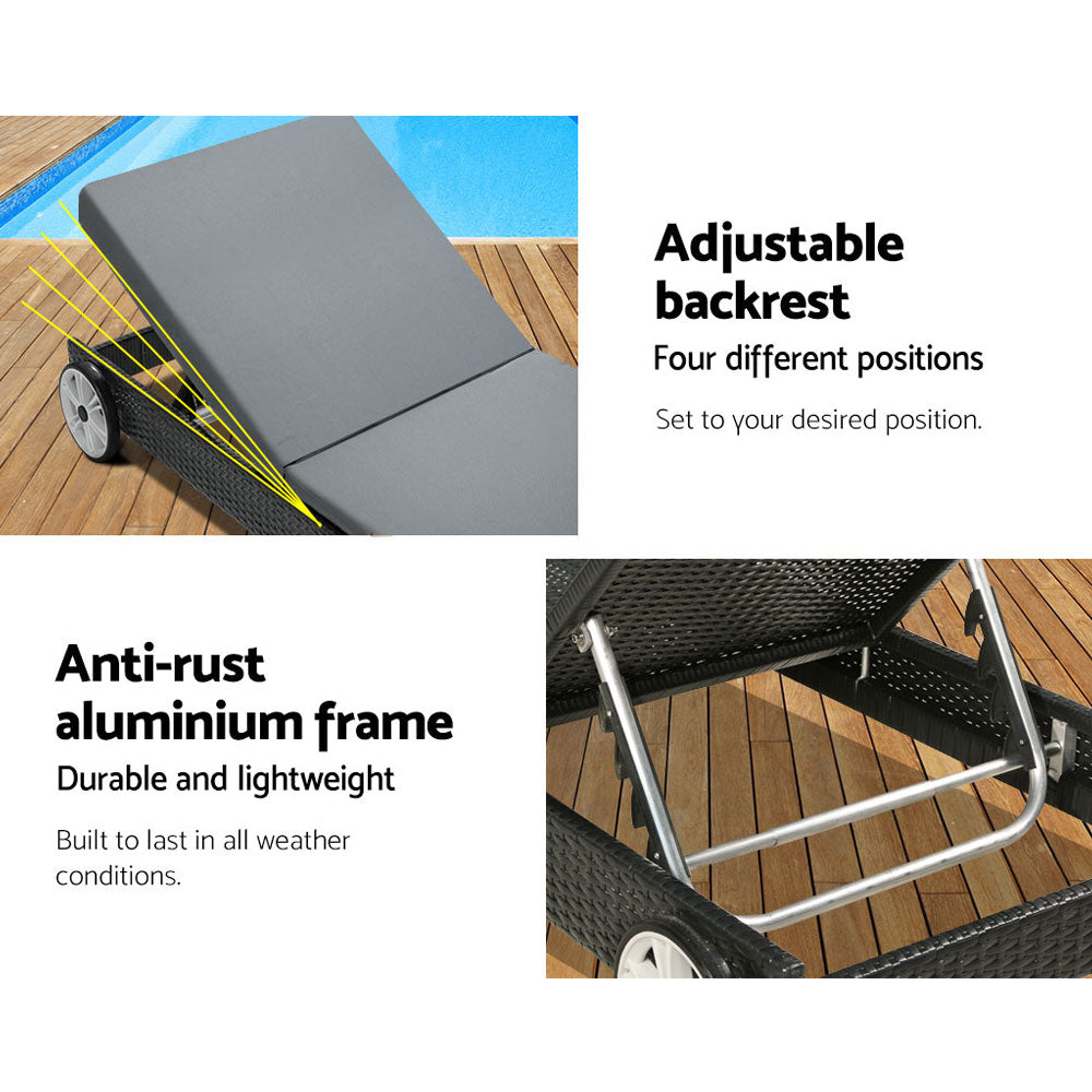 Gardeon Sun Lounge Wicker Lounger Outdoor Furniture Day Bed Wheels Patio Black 4