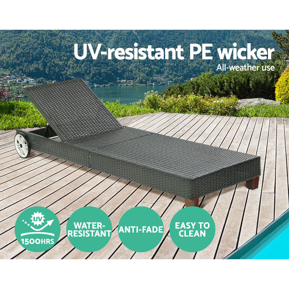 Gardeon Sun Lounge Wicker Lounger Outdoor Furniture Day Bed Wheels Patio Black 5