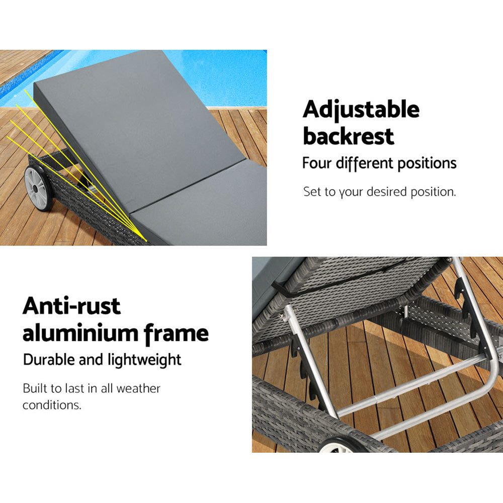 Gardeon Sun Lounge Wicker Lounger Outdoor Furniture Day Bed Wheels Patio Grey 4