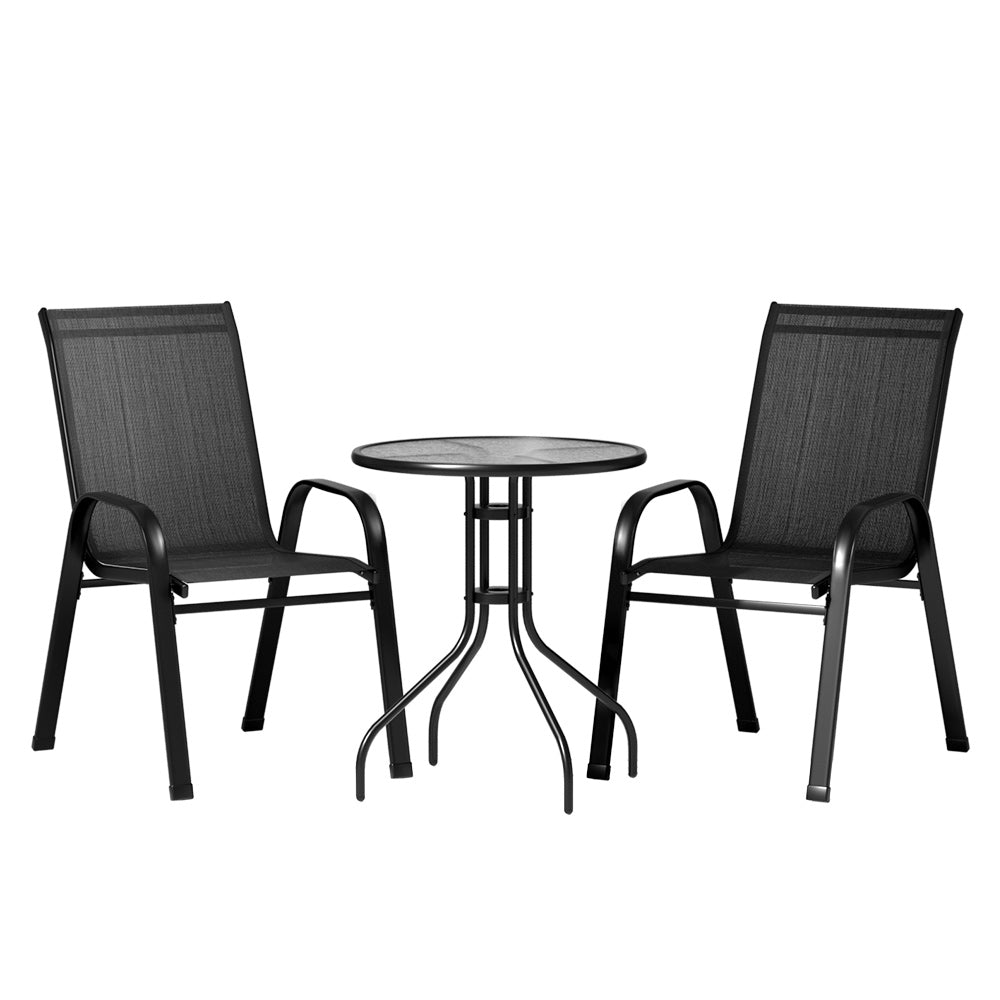 Gardeon 3PC Outdoor Bistro Set Table and Chairs Stackable Patio Furniture Black 7