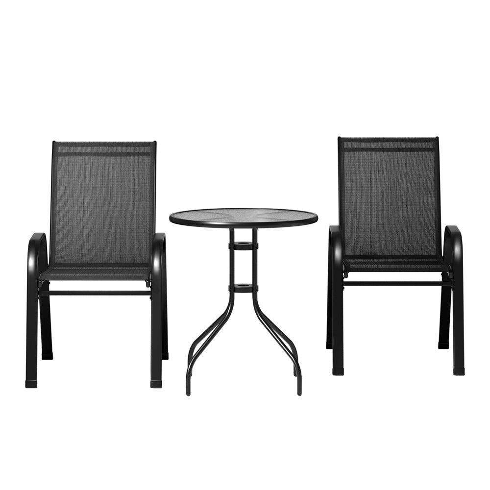Gardeon 3PC Outdoor Bistro Set Table and Chairs Stackable Patio Furniture Black 3