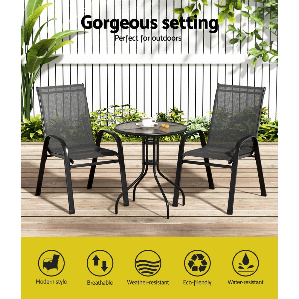 Gardeon 3PC Outdoor Bistro Set Table and Chairs Stackable Patio Furniture Black 4