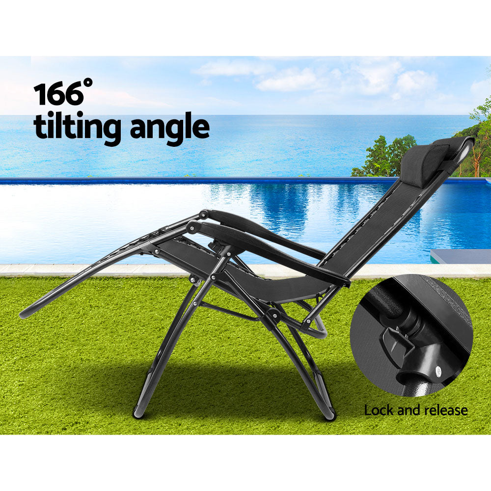 Gardeon 2PC Zero Gravity Chair Folding Outdoor Recliner Adjustable Sun Lounge Camping Black 5