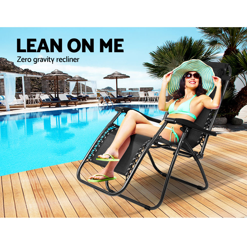 Gardeon 2PC Zero Gravity Chair Folding Outdoor Recliner Adjustable Sun Lounge Camping Black 6