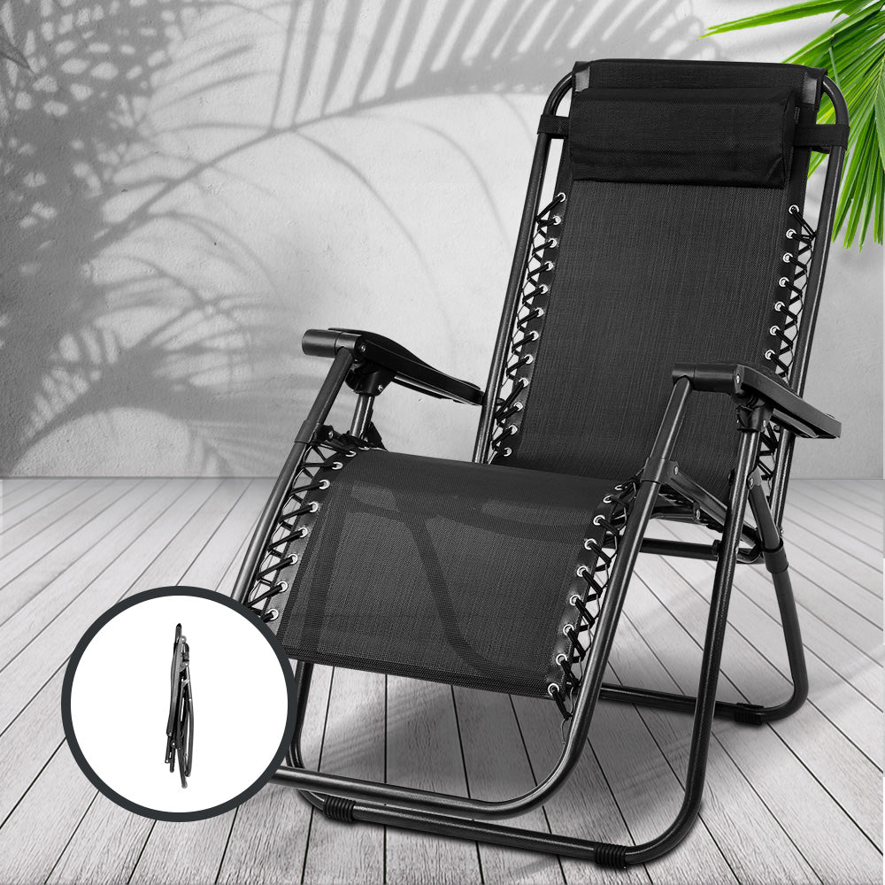 Gardeon 2PC Zero Gravity Chair Folding Outdoor Recliner Adjustable Sun Lounge Camping Black 7