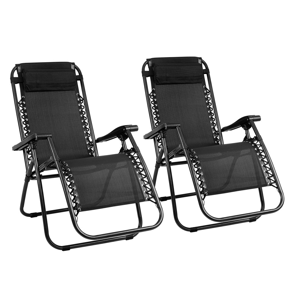 Gardeon 2PC Zero Gravity Chair Folding Outdoor Recliner Adjustable Sun Lounge Camping Black 8