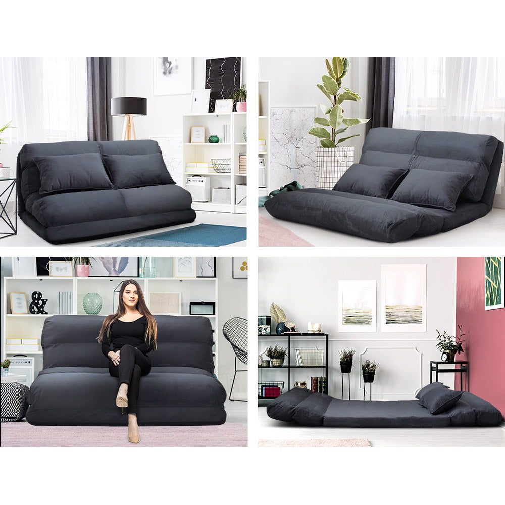 Artiss Floor Lounge Sofa Bed 2-seater Charcoal Suede 7