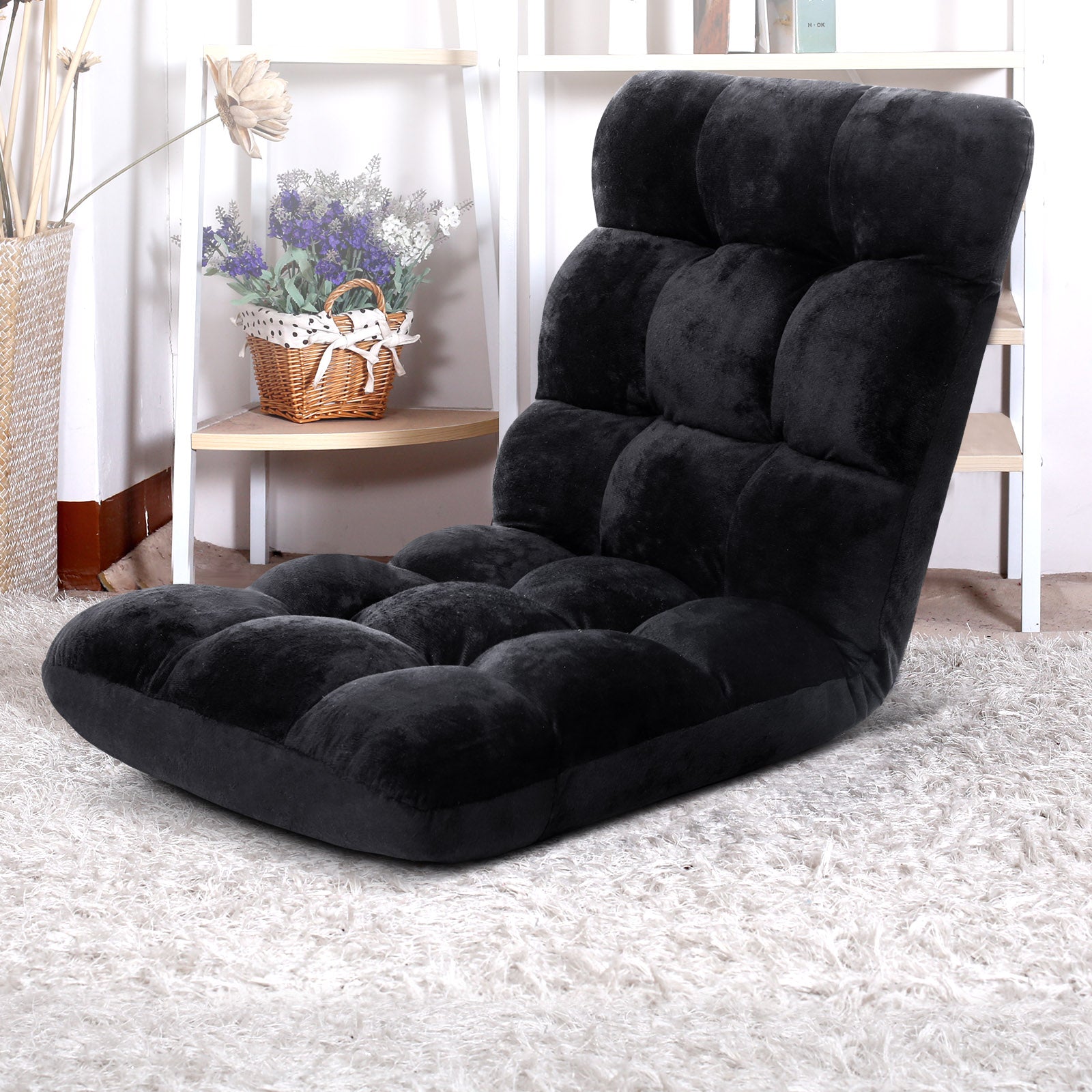 Artiss Floor Lounge Sofa Bed Flannel Fabric Black 7