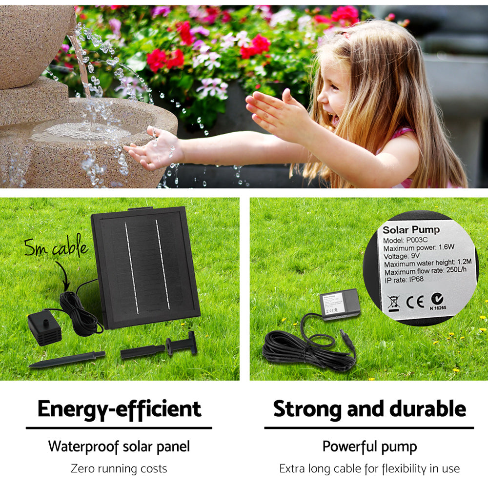 Gardeon Solar Water Feature Cascading Fountain 4-Tier Bowl LED Lights 72CM Sand 6