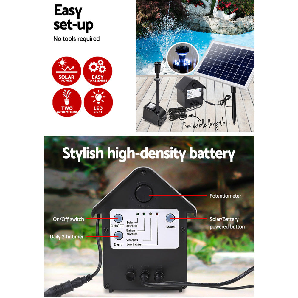 Gardeon Solar Pond Pump Submersible Water Fountain with Battery Kit LED Lights 6.6FT 4